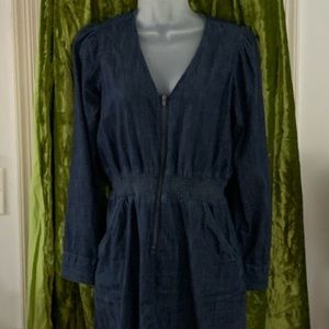 Long Sleeve Denim Zip Up Mini Dress, Cinched @ Waist